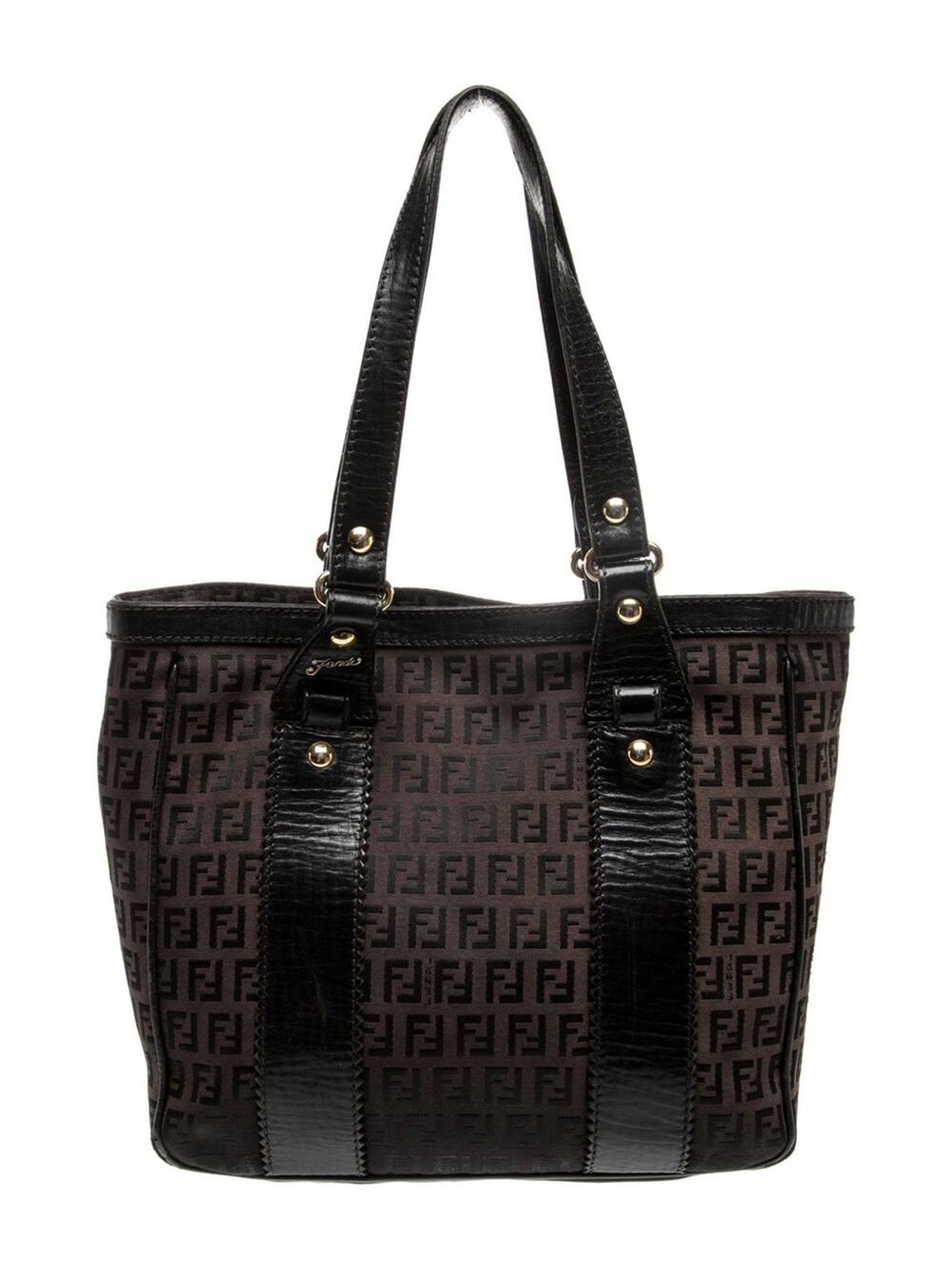 Vintage Fendi Zucchino FF Monogram Canvas & Leather Tote Bag Black Brown